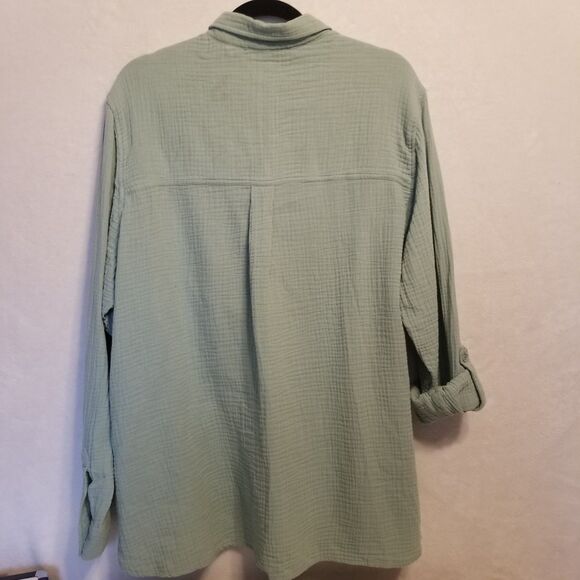 Anne Klein XXL Top Gauze Cotton Roll Tab Sleeve Button Front Sage Green Beachy - Picture 10 of 11